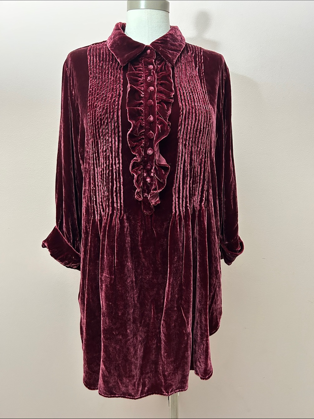 Soft Surroundings Silk Rayon Blend Velvet Ruffle Pintuck Tunic XL- Burgundy